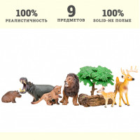 Набор фигурок животных серии "Мир диких животных": Лев с львенком, бегемот с бегемотиком, олень с олененком (набор из 6 фигурок животных и 3 аксессуар