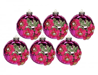 Набор стеклянных шаров РОМАНТИЧНЫЕ БУКЕТИКИ, красный, 10 см, упаковка 6 шт., ...