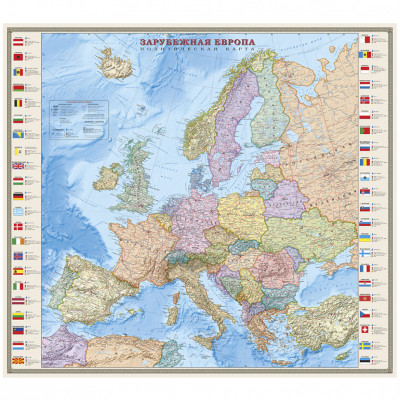 Карта Европы политическая с флагами, ламинированная, 140х156 см