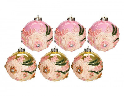 Набор стеклянных шаров РОМАНТИЧНЫЕ БУКЕТИКИ, золотистый, розовый, 10 см, упак...