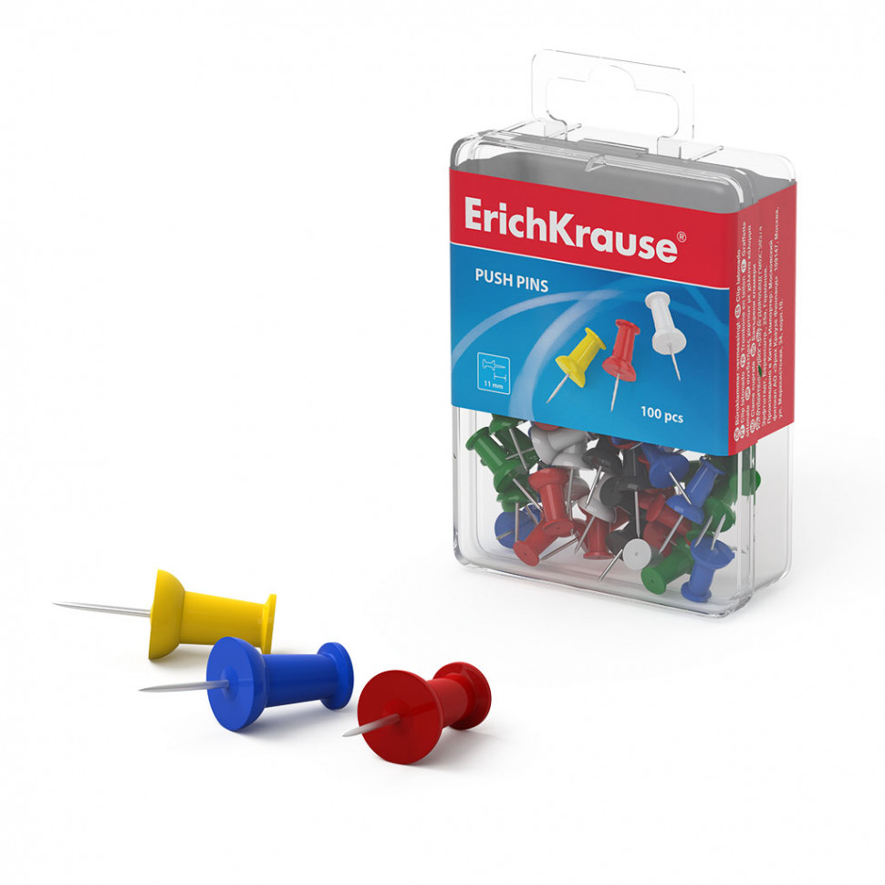 Кнопки силовые ErichKrause® цветные (пластиковая коробка 100 шт.)
