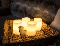 Светодиодные восковые свечи на батарейках Классика, кремовые, тёплые белые LED-огни мерцающие, 7.5х10 см (4 шт.), ПДУ, Kaemingk (Lumineo)