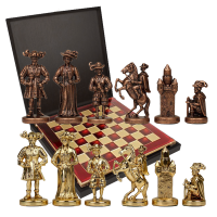 Шахматный набор "Рыцари Средневековья", красная металлическая доска 44х44, фигуры золото/бронза
