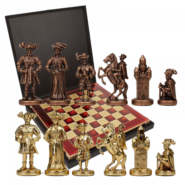Шахматный набор "Рыцари Средневековья", красная металлическая доска 44х44, фигуры золото/бронза