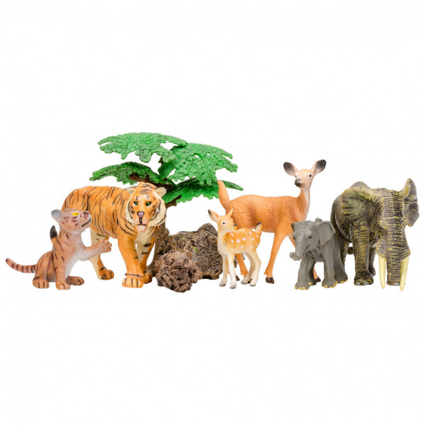 Набор фигурок животных серии "Мир диких животных": Тигр с тигренком, слон со слоненком, олень с олененком (набор из 6 фигурок животных и 3 аксессуаров