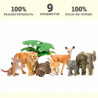 Набор фигурок животных серии "Мир диких животных": Тигр с тигренком, слон со слоненком, олень с олененком (набор из 6 фигурок животных и 3 аксессуаров