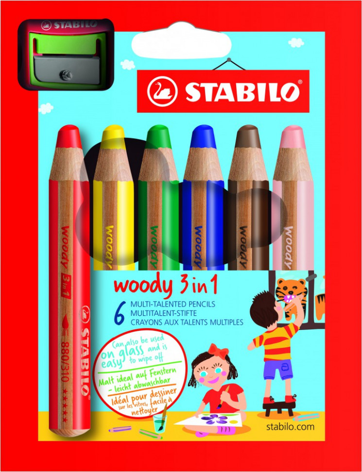 Набор супертолстых цветных карандашей Stabilo Woody 6 цветов+точилка, картонный футляр