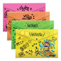 Набор из 4 папок-конвертов на кнопке пластиковых ErichKrause® Funny Monsters, A4, ассорти
