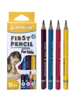 Карандаш чернографитный 2B ACMELIAE First Pencil утолщенный укороченный, 4 цвета корпуса, 12 шт в наборе