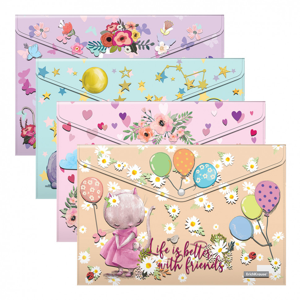 Набор из 4 папок-конвертов на кнопке пластиковых ErichKrause® Cute Animals, A4, ассорти