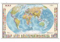 Политическая карта мира с флагами, ламинированная, на рейках, 122х79 см