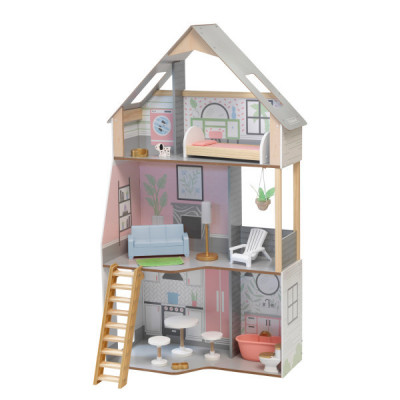 Деревянный кукольный домик "Алина", с мебелью 15 предметов в наборе...