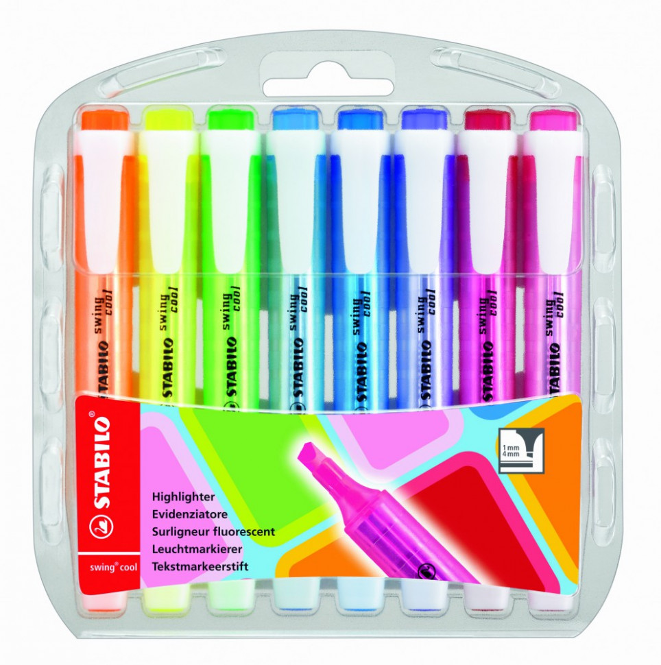 Набор  маркеров Stabilo Swing Cool 8 шт в упаковке, цвета: желтый, голубой, зеленый, красный, бирюзовый, оранжевый, фиолетовый, розовый 1-4 мм блистер