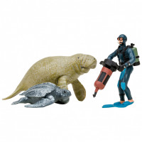Фигурки игрушки серии "Мир морских животных": Серый кит, ламантин, акула, кожистая черепаха, рыба групер, дайвер (набор из 5 фигурок животных и 1 чел