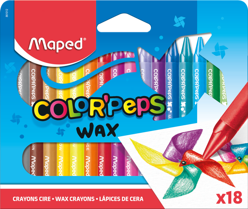 COLOR'PEPS WAX Мелки восковые, треугольный корпус, защитный бумажный футляр, 18 ярких цветов