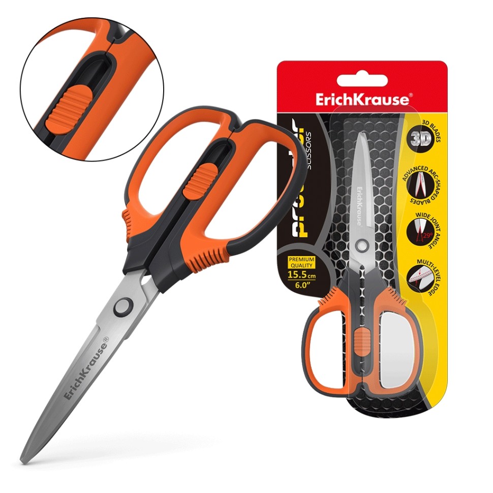 Ножницы ErichKrause® Protector Lock, 15.5см с фиксатором, серо-оранжевый (в блистере 1 шт.)