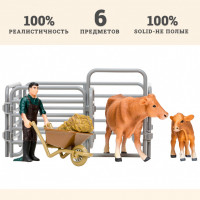 Игрушки фигурки в наборе серии "На ферме",  6 предметов (фермер, корова с теленком, ограждение-загон, инвентарь)