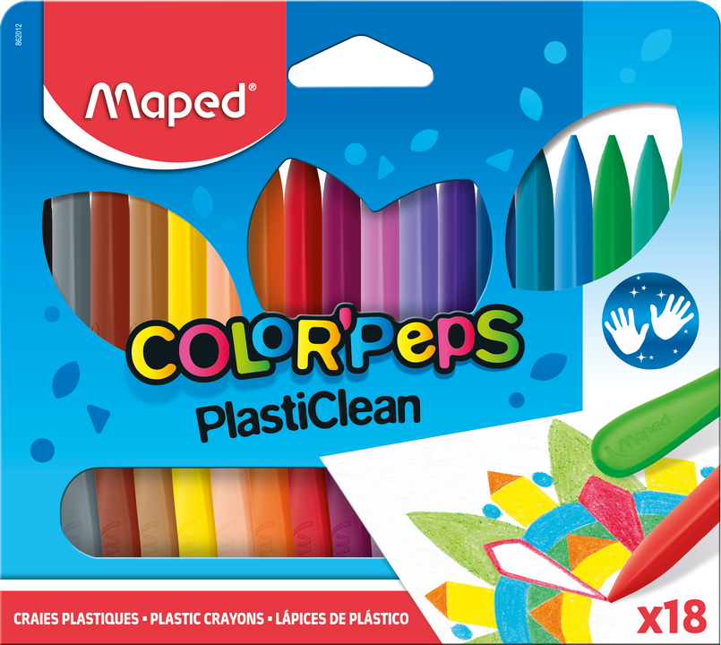 COLOR'PEPS PLASTICLEAN Мелки пластиковые, треугольный корпус, двусторонние - для тонкого письма и раскрашивания, не пачкают рук, рисуют в 3 раза больше цв карандашей, в картонном футляре, 18 цветов