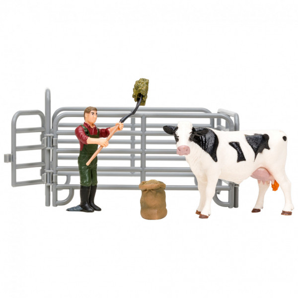 Игрушки фигурки в наборе серии "На ферме",  6 предметов (фермер, корова, ограждение-загон, инвентарь)