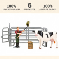 Игрушки фигурки в наборе серии "На ферме",  6 предметов (фермер, корова, ограждение-загон, инвентарь)