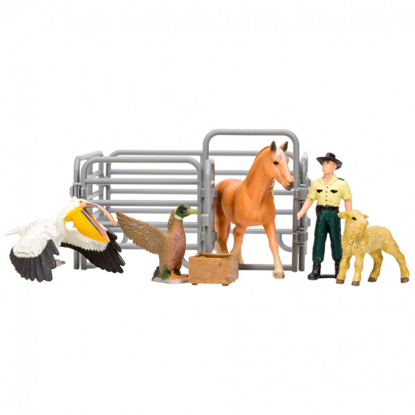 Игрушки фигурки в наборе серии "На ферме", 10 предметов (фермер, лошадь, овца, утка, пеликан, ограждение-загон, инвентарь)
