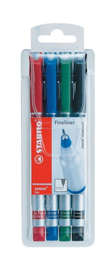 Набор ручек капиллярных Stabilosensor, 4 шт в упаковке: синий, черный, красный, зеленый, 0,3 мм блистер