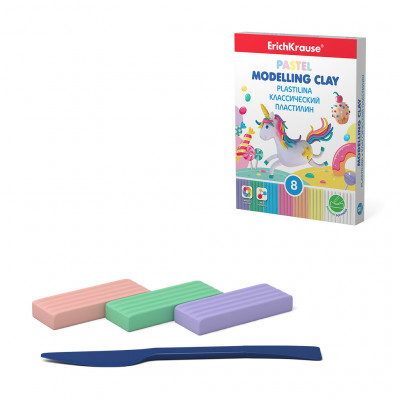 Классический пластилин ErichKrause® Pastel 6 цветов + 2 белых со стеком, 144г