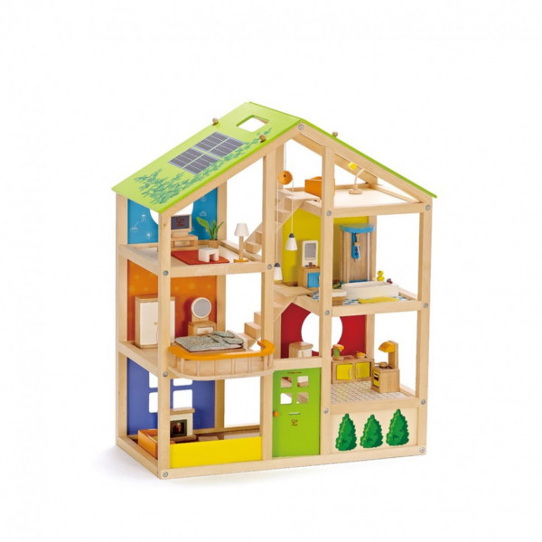 Деревянный кукольный домик "Времена года", с мебелью 36 предметов в наборе и двусторонней крышей, для кукол 15 см