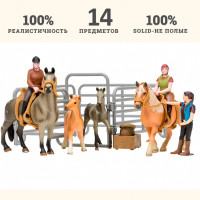 Игрушки фигурки в наборе серии "На ферме", 14 предметов: 4 лошади, 3 человечка, ограждение-загон, инвентарь