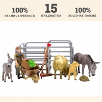 Игрушки фигурки в наборе серии "На ферме", 15 предметов (фермер, овцы, ослики, ограждение-загон, инвентарь)