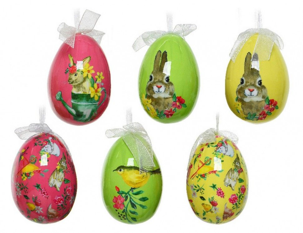 Набор пасхальных украшений Кролики и птички (яйца на подвесках), фомиаран, 4х6 см, Kaemingk