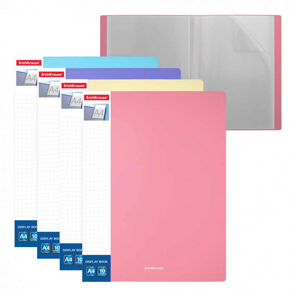 Папка файловая пластиковая с карманом на корешке ErichKrause® Matt Pastel, c 10 карманами, A4, ассорти (в пакете по 4 шт.)