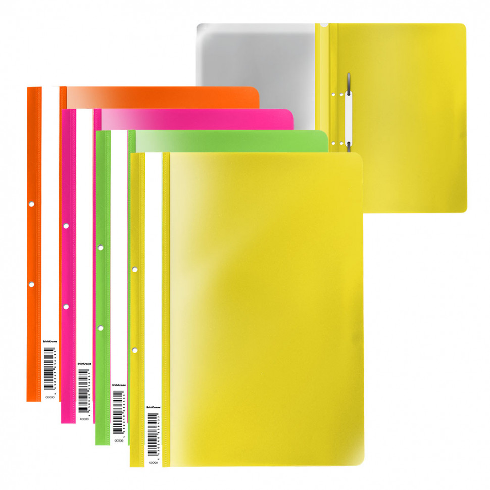 Папка-скоросшиватель с перфорацией пластиковая ErichKrause® Fizzy Neon, A4, ассорти (в пакете по 20 шт.)