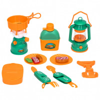 Детская посуда игрушка "Набор Туриста" с набором для пикника 14 предметов: лампа, примус, фляга, аптечка, сковорода, лопата, складной ножик, тарелка
