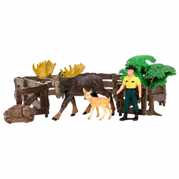 Игрушки фигурки в наборе серии "На ферме", 6 предметов (рейнджер, лось, олененок ограждение-загон, дерево, камень)