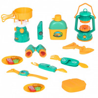 Детская посуда игрушка "Набор Туриста" с набором для пикника 19 предметов: коврик для пикника, лампа, примус, фляга, мультиприбор, аптечка, сковорода,