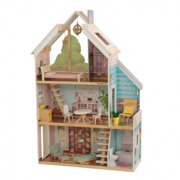 Деревянный кукольный домик "Зоя", с мебелью 18 предметов в наборе, свет, звук, для кукол 30 см