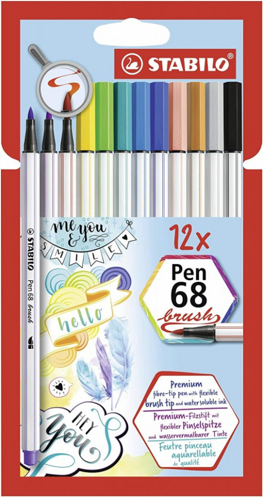 Набор фломастеров-кистей Stabilo Pen 68 Brush 12 цветов, картонный футляр