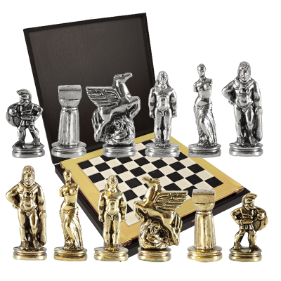 Шахматный набор Древняя Спарта, черная с золотом доска, высота фигурок 5,6 см
