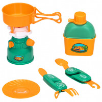 Детская посуда игрушка "Набор Туриста" с набором для пикника 5 предметов: примус, складной ножик, сковорода, тарелка, фляжка