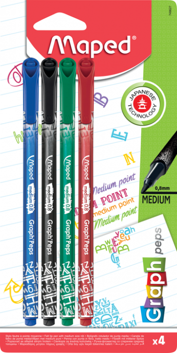 GRAPH PEP'S Ручка капиллярная, толщина линии - 0,8 мм, эргономичная зона обхвата, 4 стандартных цвета, деко, в блистере