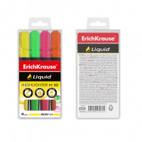 Текстмаркер с жидкими чернилами  ErichKrause® Liquid H-30, цвет чернил желтый, зеленый, розовый, оранжевый (в футляре по 4 шт.)
