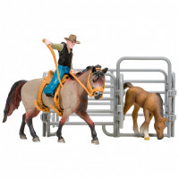 Игрушки фигурки в наборе серии "На ферме", 6 предметов: Американская лошадь и жеребенок, наездник, ограждение-загон, инвентарь