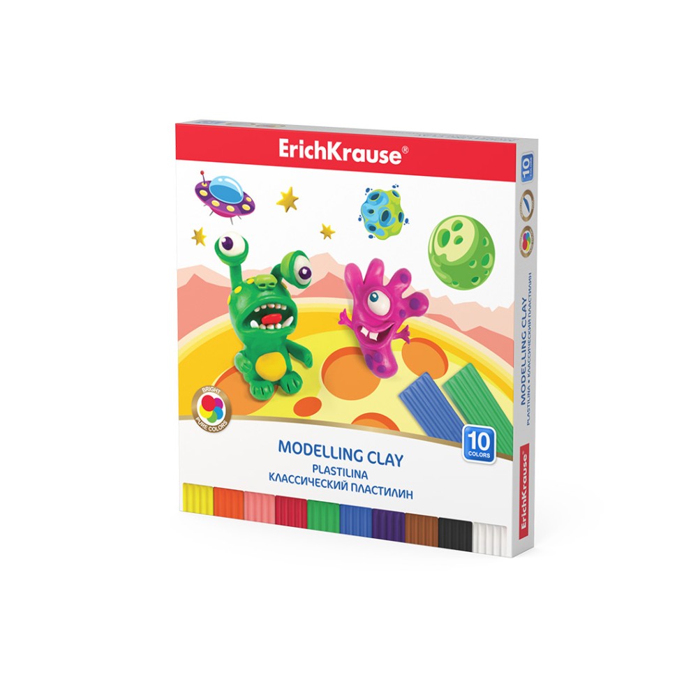 Классический пластилин ErichKrause® Monsters 10 цветов со стеком, 150г (коробка)