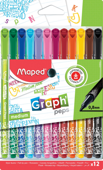 GRAPH PEP'S Ручка капиллярная, толщина линии - 0,8 мм, эргономичная зона обхвата, 12 цветов, деко, в футляре