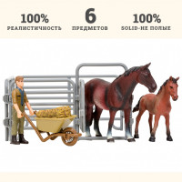 Игрушки фигурки в наборе серии "На ферме", 6 предметов: Фризская конь и жеребенок, фермер, ограждение-загон, инвентарь