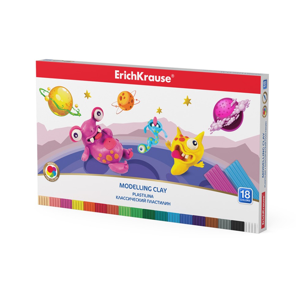 Классический пластилин ErichKrause® Monsters 18 цветов со стеком, 270г (коробка)