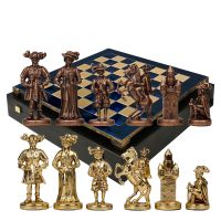 Шахматы бронзовые Рыцари Средневековья, синяя металлическая доска 44x44x3 см, высота фигурок 9,5 см