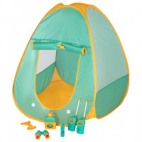 Детская игровая палатка "Набор Туриста" с набором для пикника 6 предметов: фляга, лопатка, бинокль, рации 2 шт., мультиприбор (свисток, фонарик)