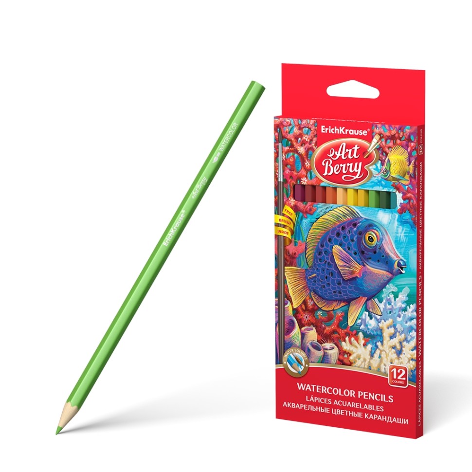 Акварельные карандаши шестигранные ArtBerry® 12 цветов с кисточкой